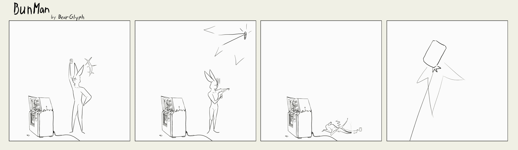 Bunman attempts to open his can of soda, but the tab breaks off. He pulls out a minigun and shoots the can to try to get it open.